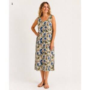 Vintage TY Wear Maxi Dress Womens Plus 24W Khaki Palm Leaf Print Linen Rayon‎